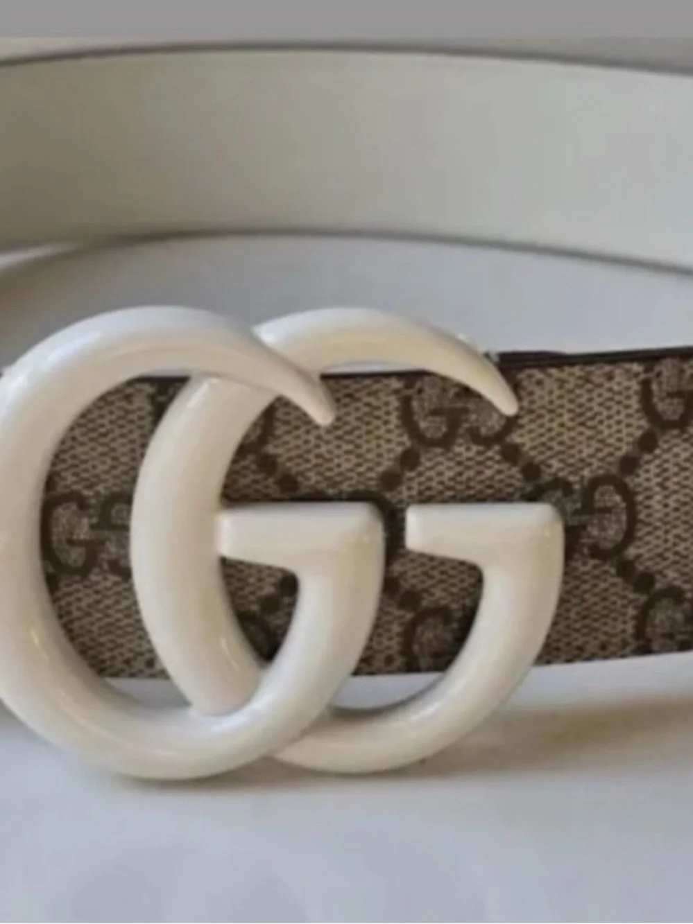 Gucci Beige GG Monogram Canvas Belt with White Double G Buckle
